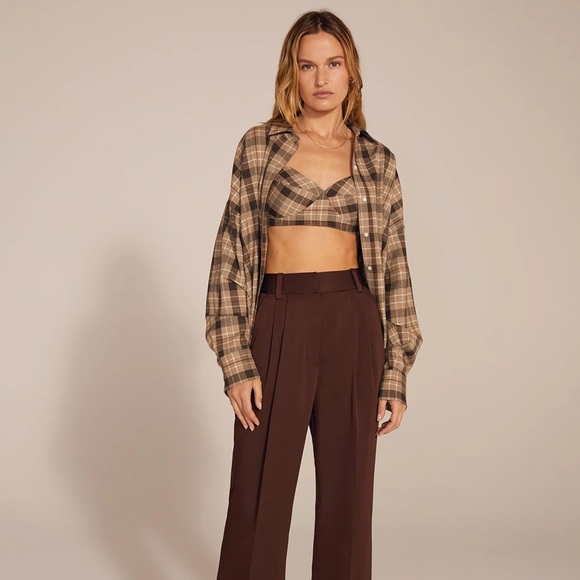 Favorite Daughter Tops - Favorite Daughter Plaid Crop Bralette and Shirt Set in Brown and Beige